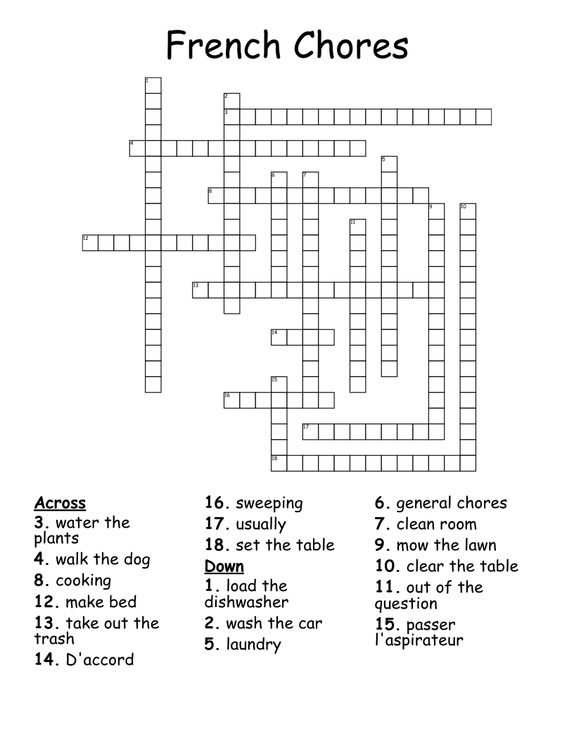 French Chores Crossword