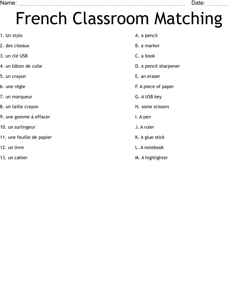 French Classroom Matching Worksheet