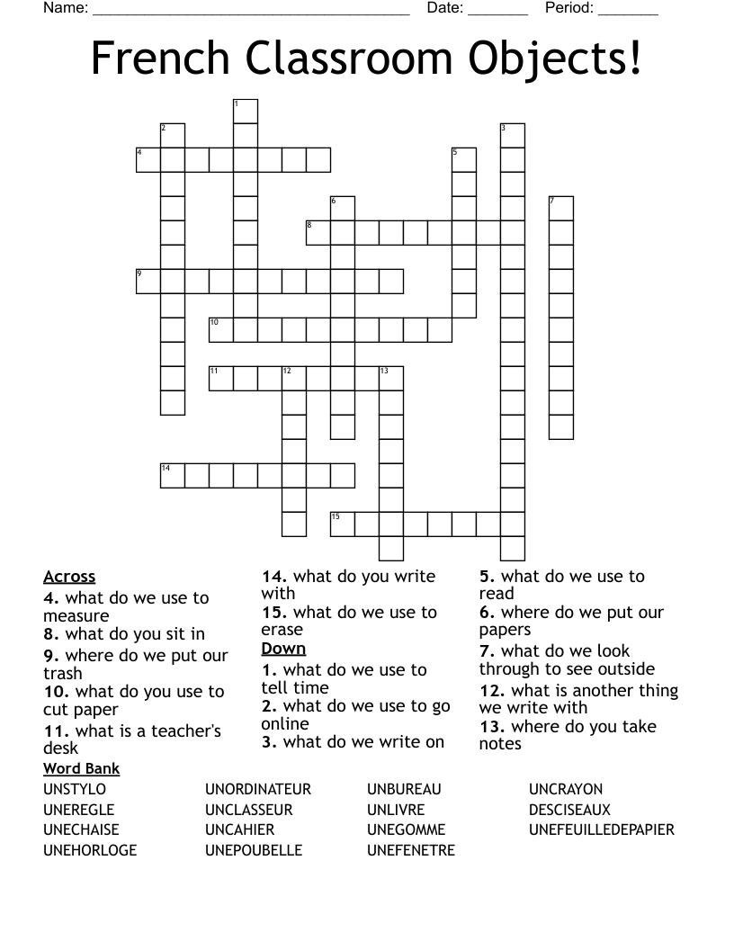 French Classroom Objects! Crossword