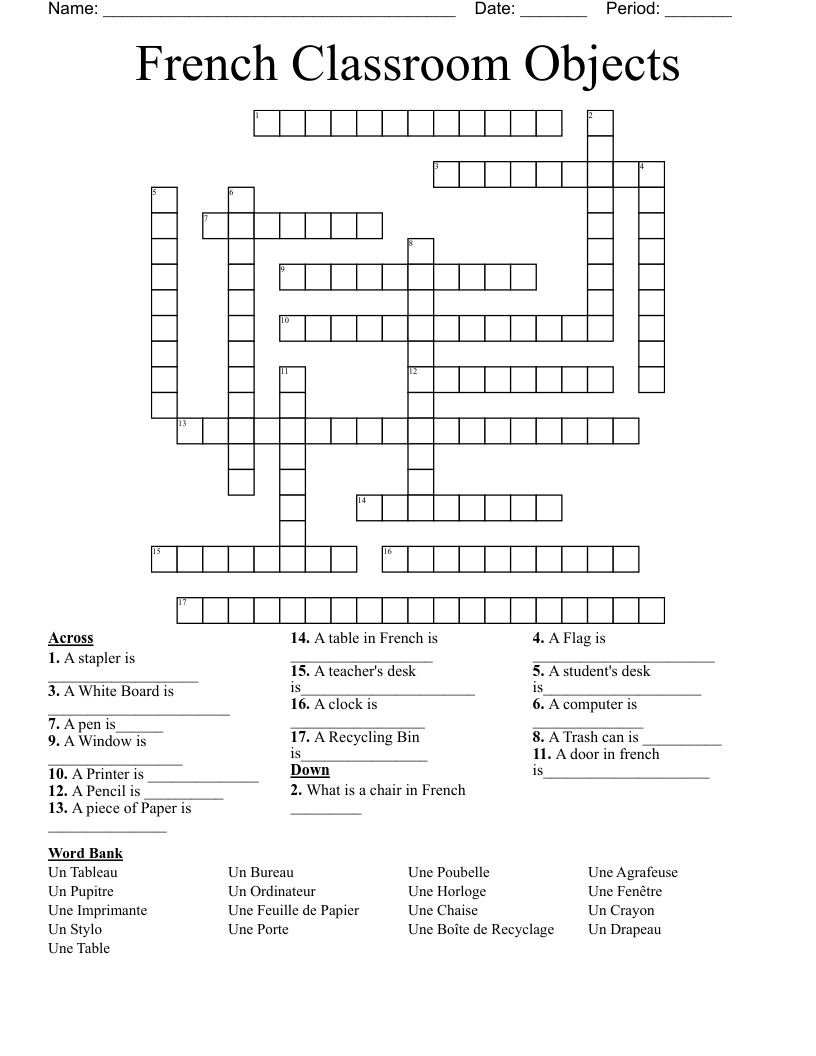 French Classroom Objects Crossword