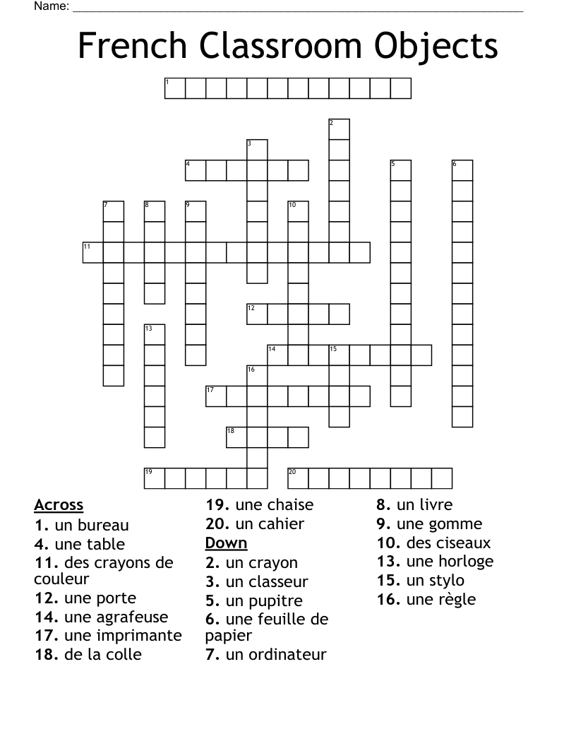 French Classroom Objects Crossword