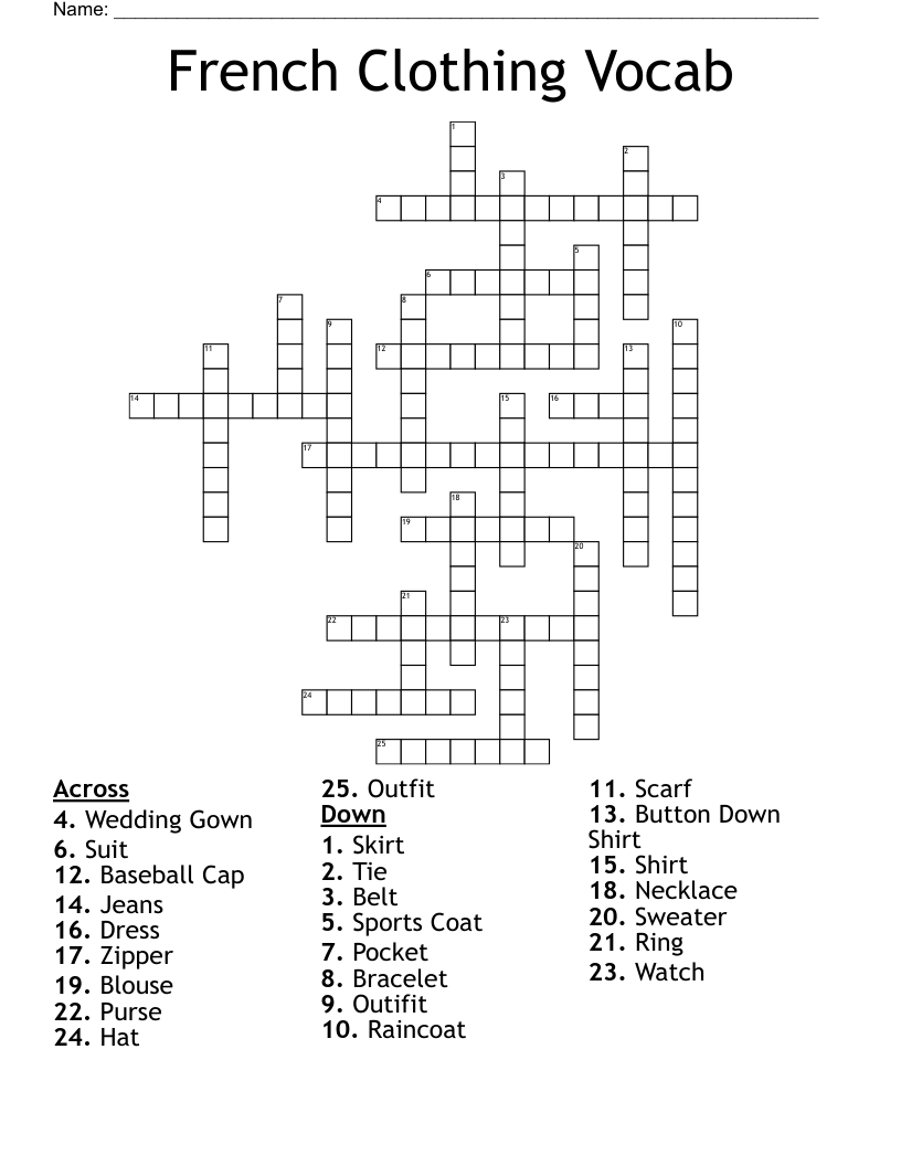 French Clothing Vocab Crossword