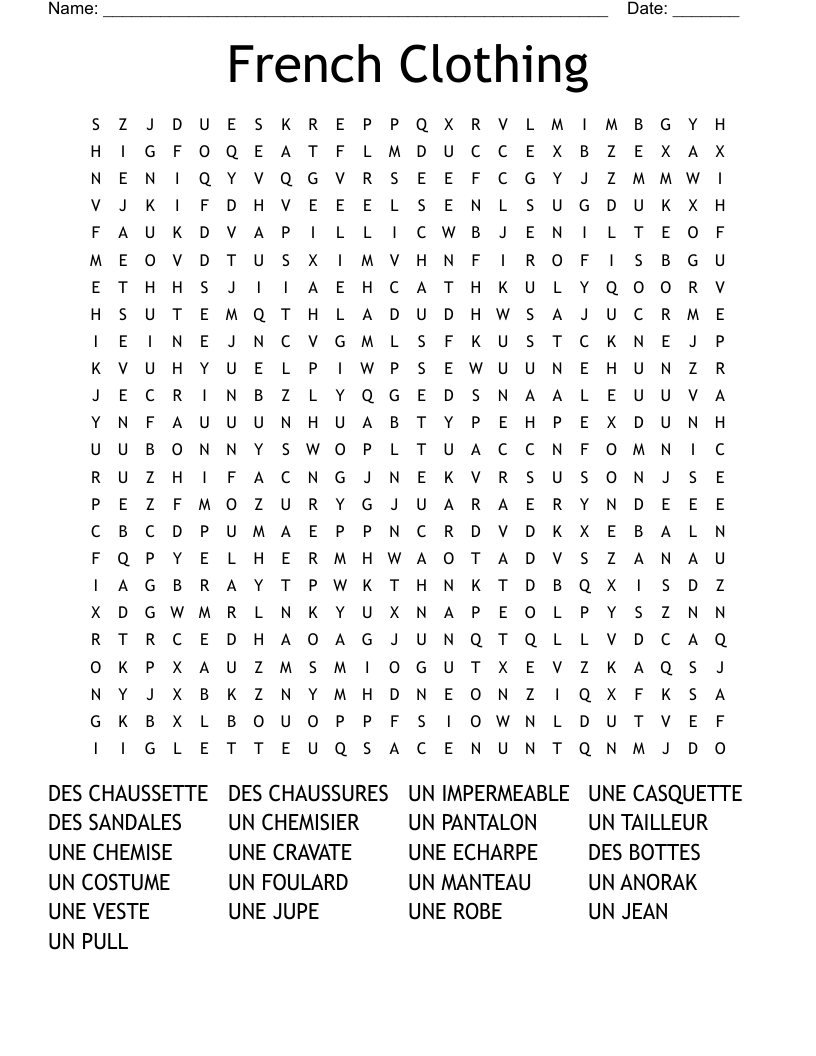 French Clothing  Word Search