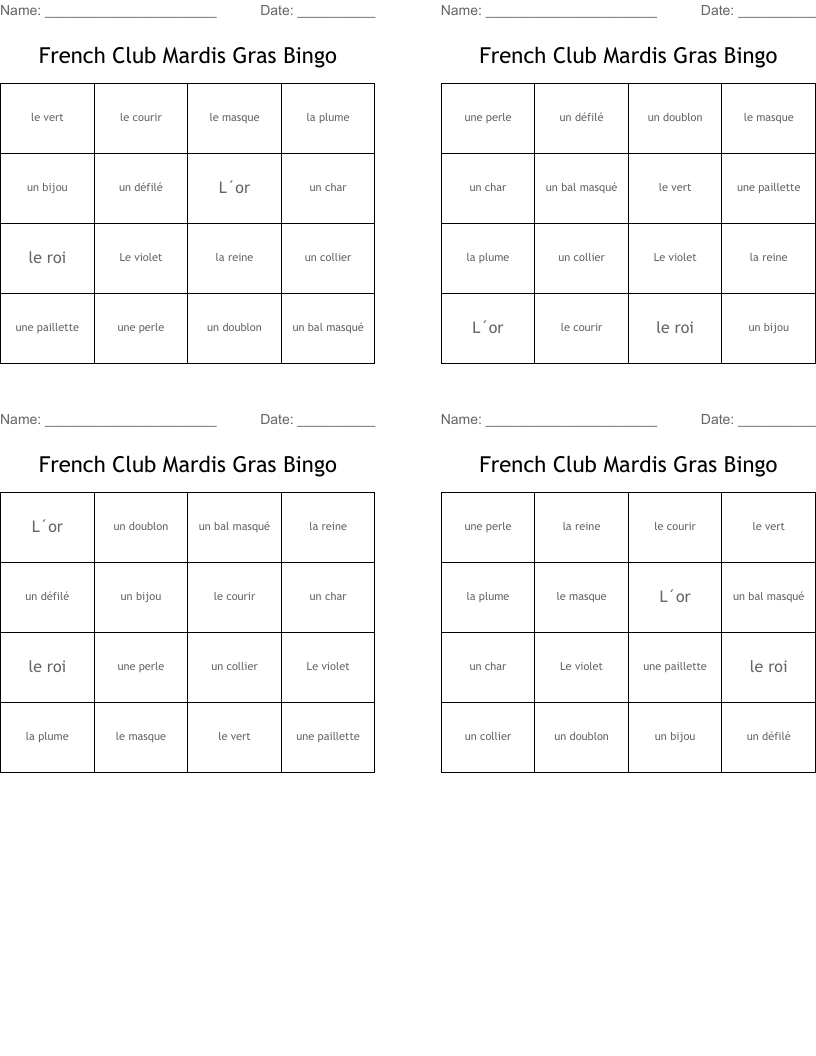 French Club Mardis Gras Bingo