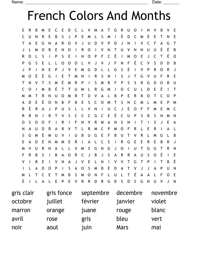 French Colors And Months Word Search