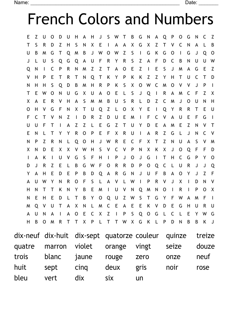 French Colors and Numbers Word Search