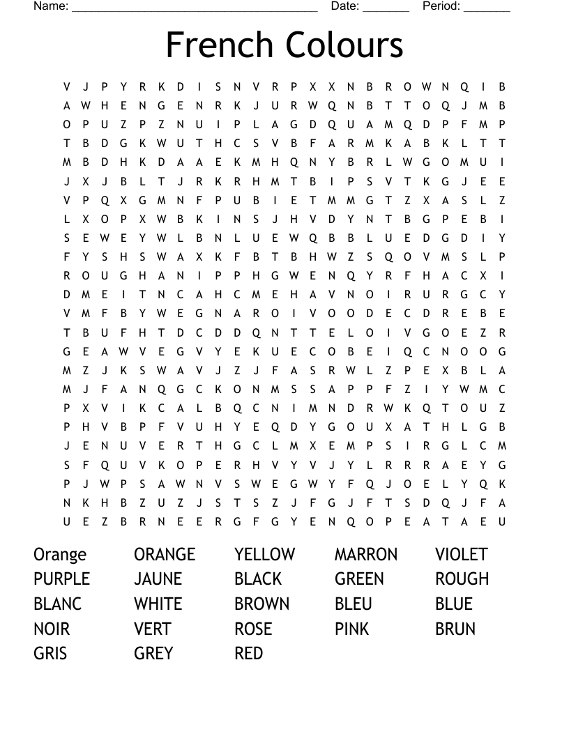 French Colours Word Search