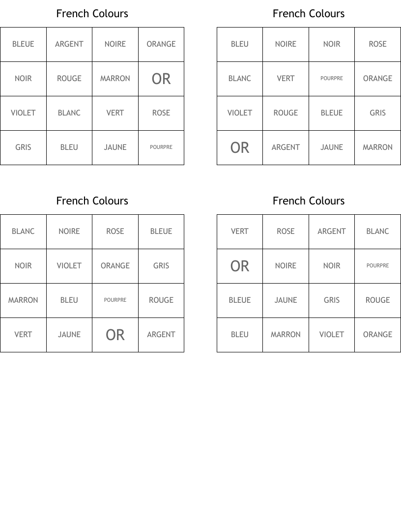 French Colours Bingo Cards