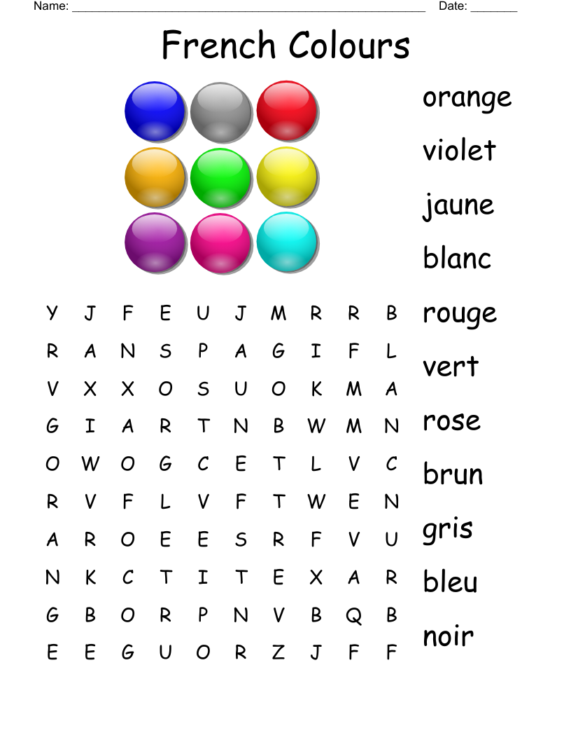 French Colours Word Search