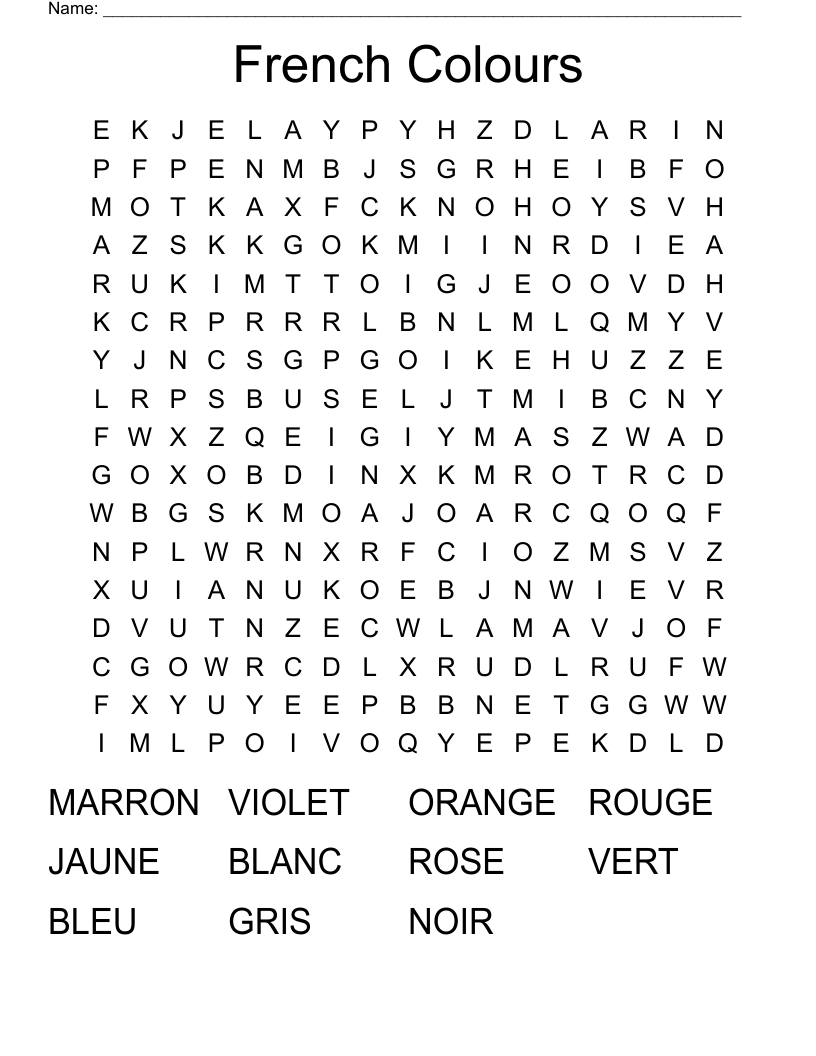 French Colours Word Search