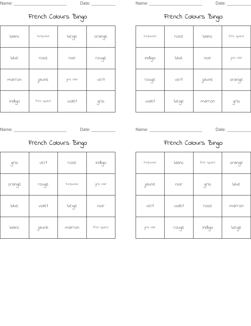 French Colours Bingo