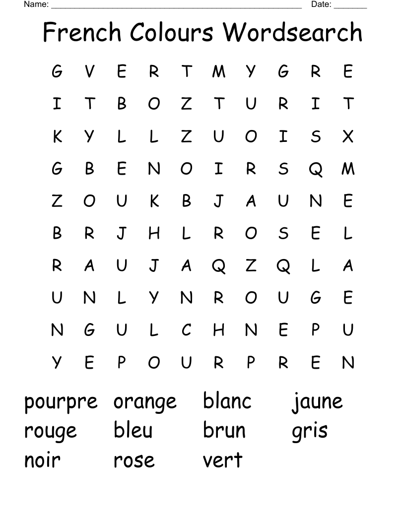 French Colours Wordsearch