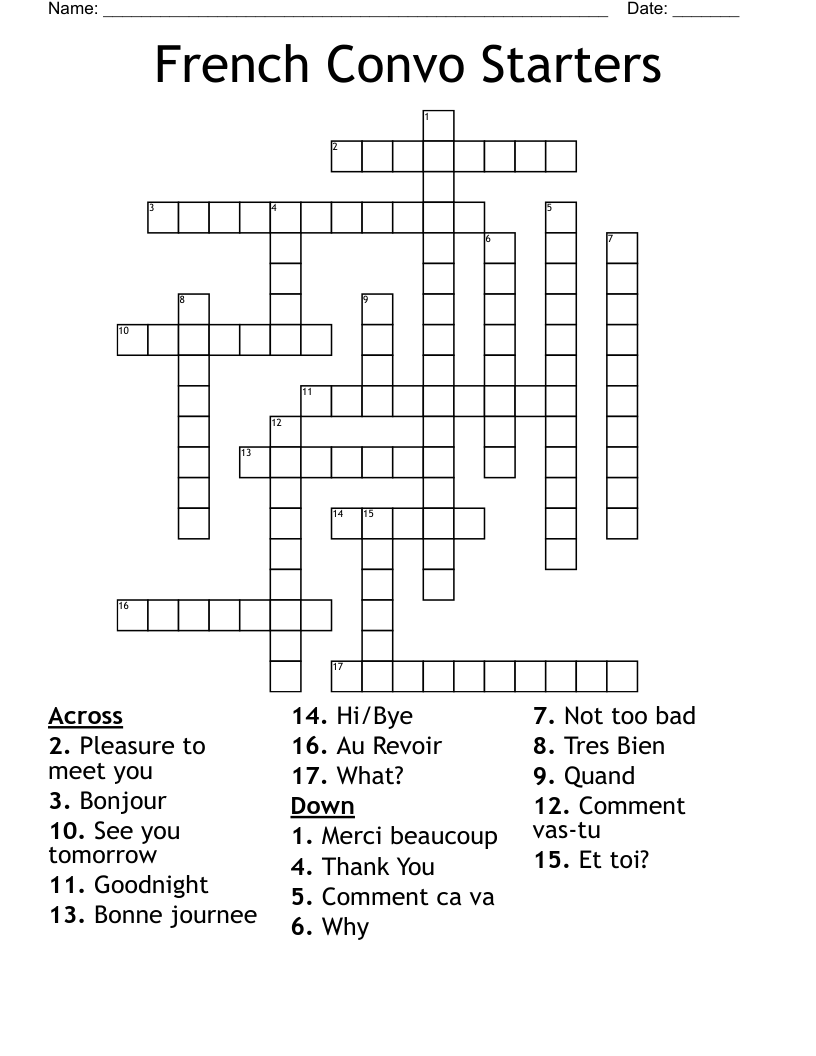 French Convo Starters Crossword