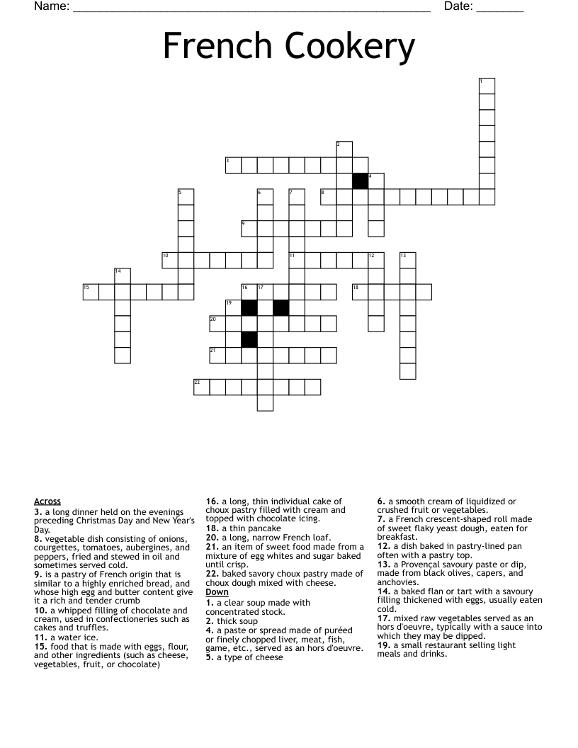 French Cookery  Crossword