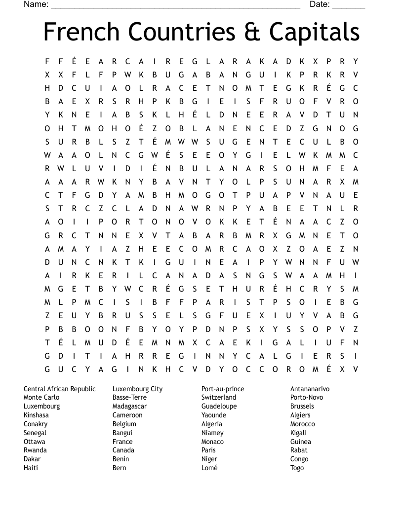 French Countries & Capitals Word Search
