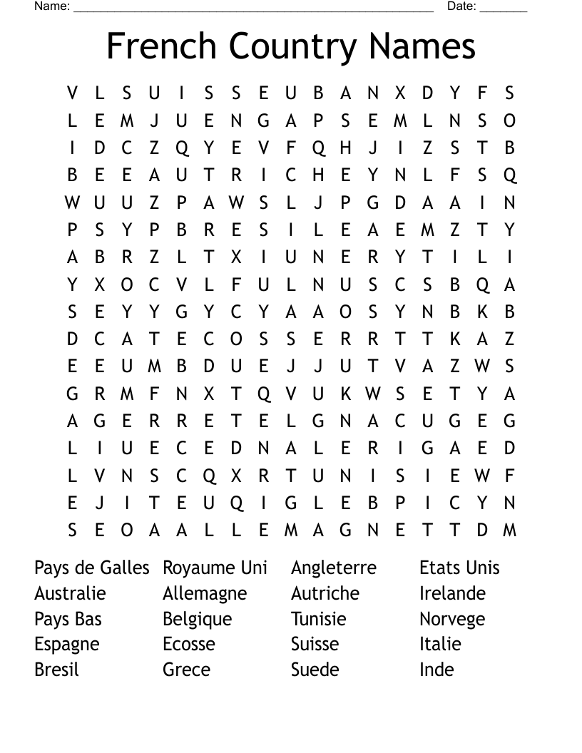 French Country Names Word Search