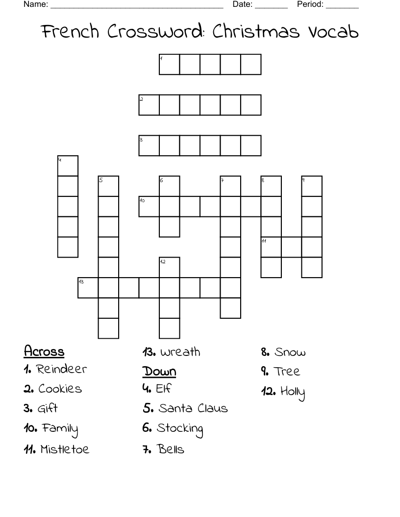 French CrossWord: Christmas Vocab