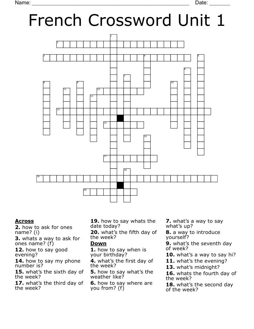 French Crossword Unit 1