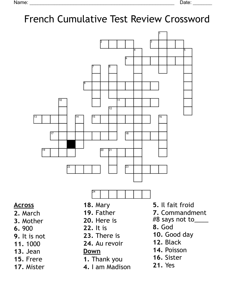 French Cumulative Test Review Crossword