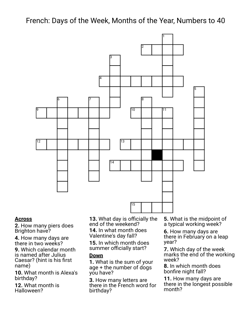 French: Days of the Week, Months of the Year, Numbers to 40 Crossword
