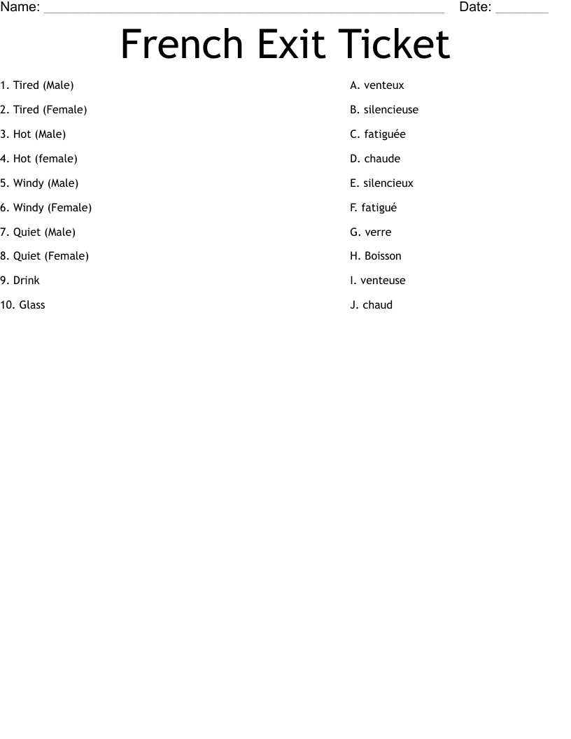 French Exit Ticket Worksheet