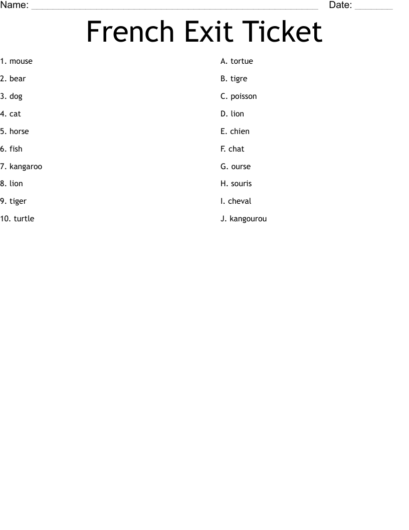 French Exit Ticket Worksheet