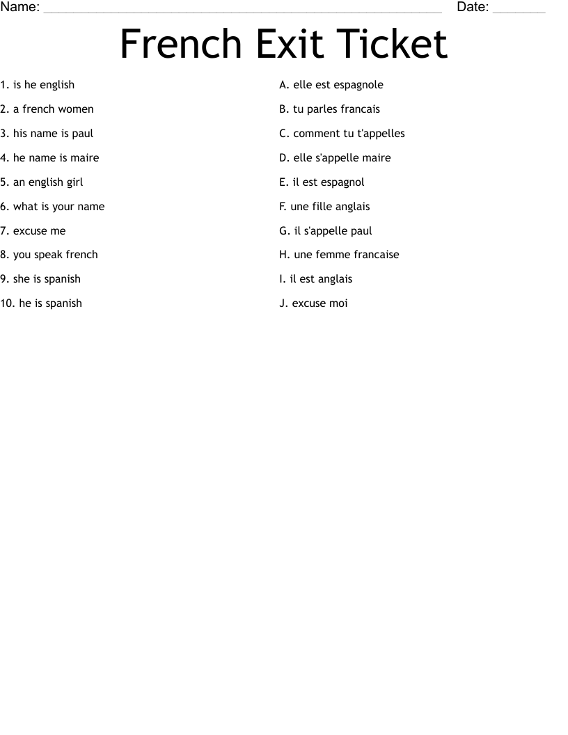 French Exit Ticket Worksheet