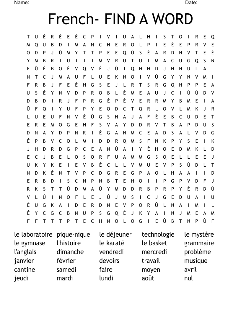 French- FIND A WORD Word Search