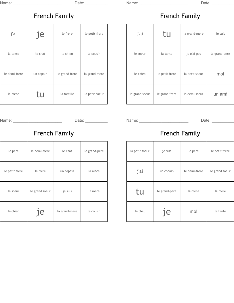 French Family Bingo Cards