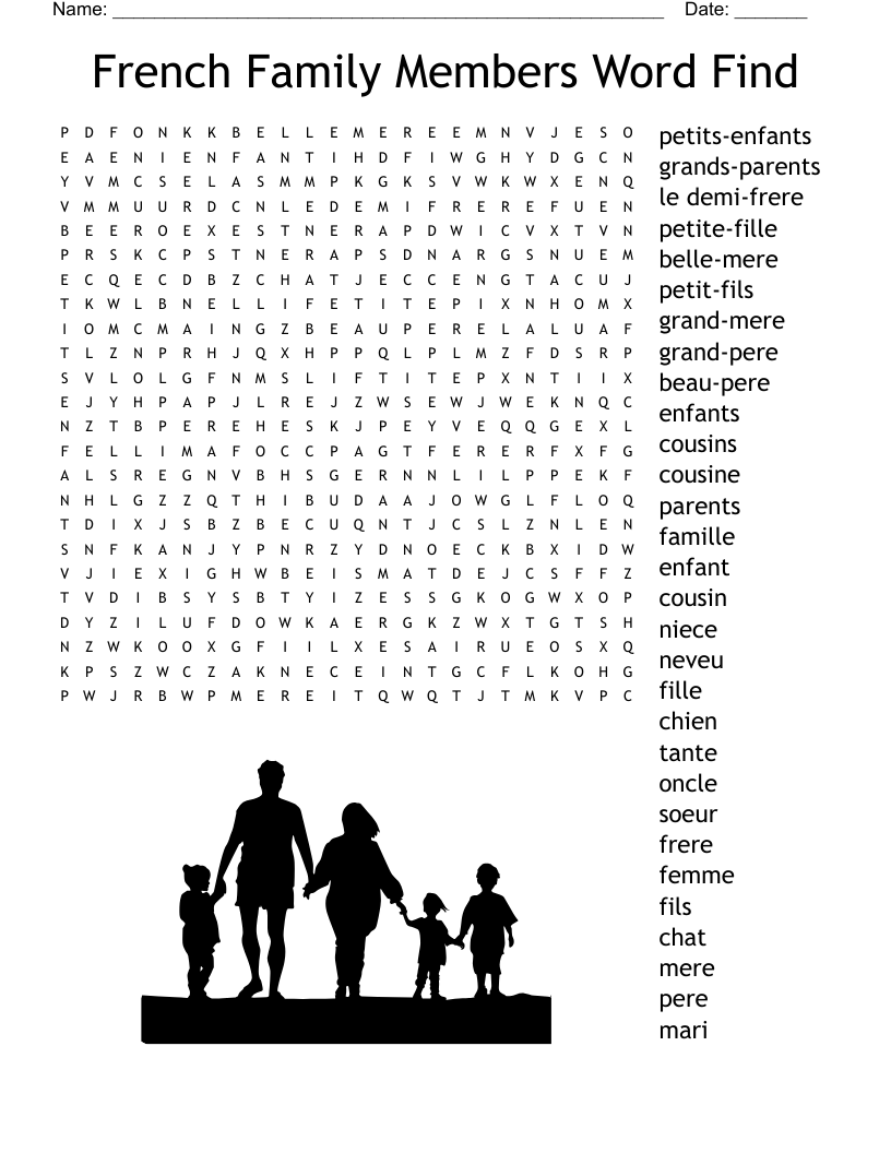 French Family Members Word Find Word Search