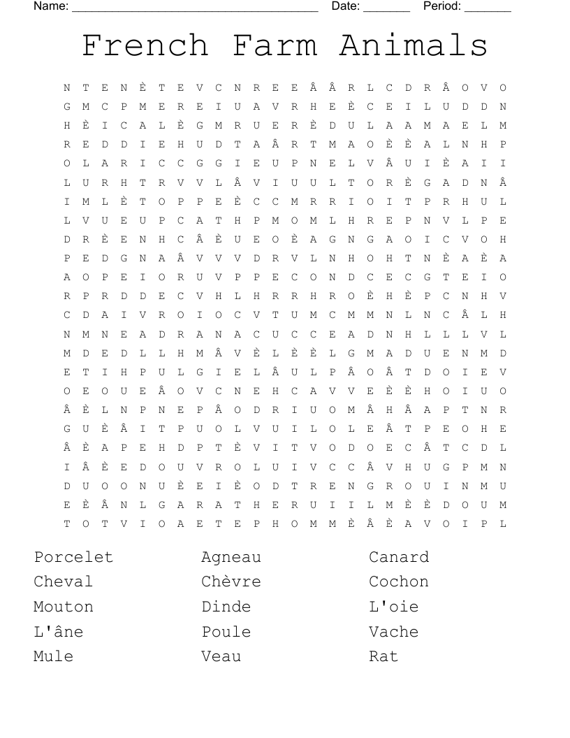 French Farm Animals Word Search