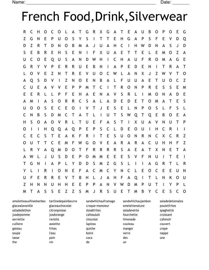 French Food,Drink,Silverwear Word Search