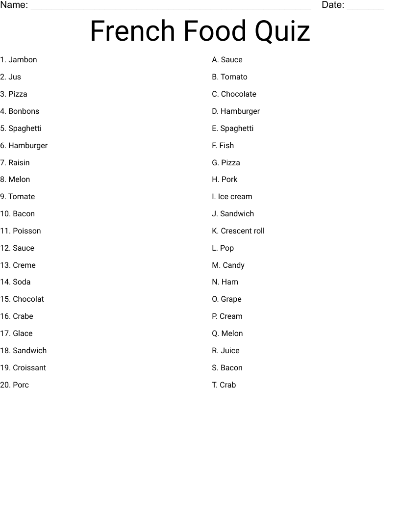 French Food Quiz Worksheet