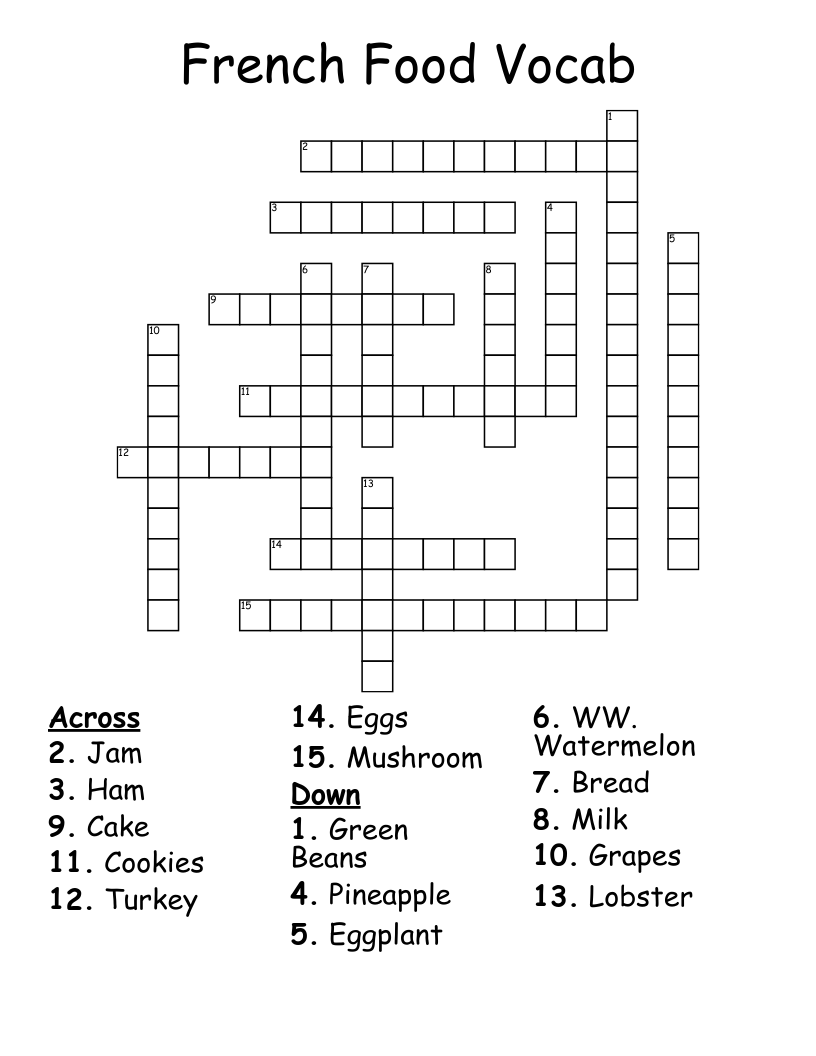 French Food Vocab Crossword