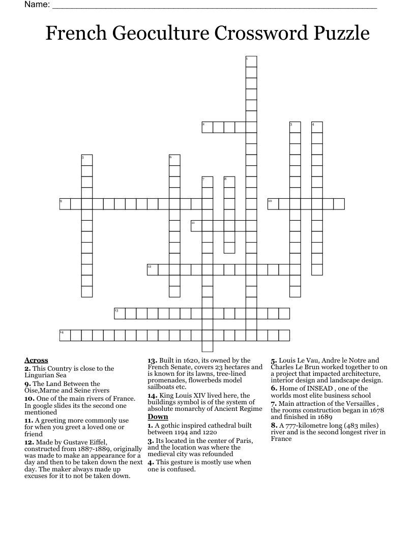 French Geoculture Crossword Puzzle 