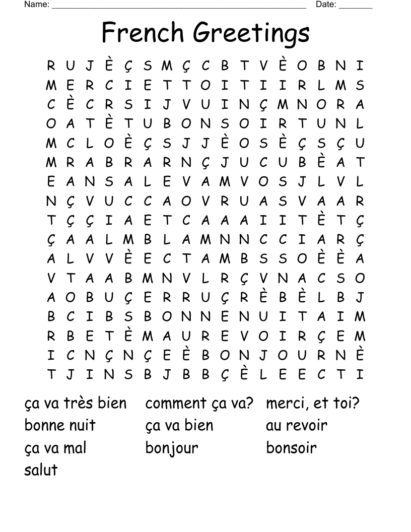 French Greetings Word Search