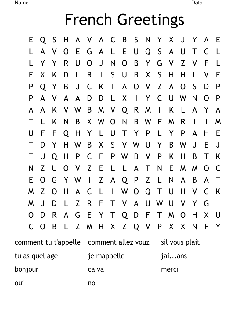 French Greetings Word Search