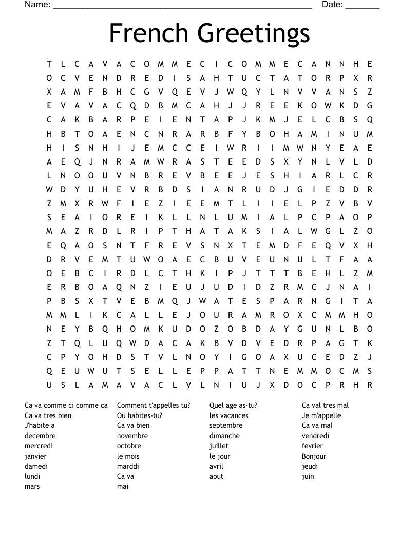 French Greetings Word Search