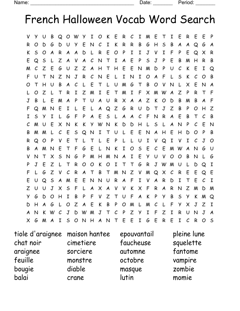 French Halloween Vocab Word Search