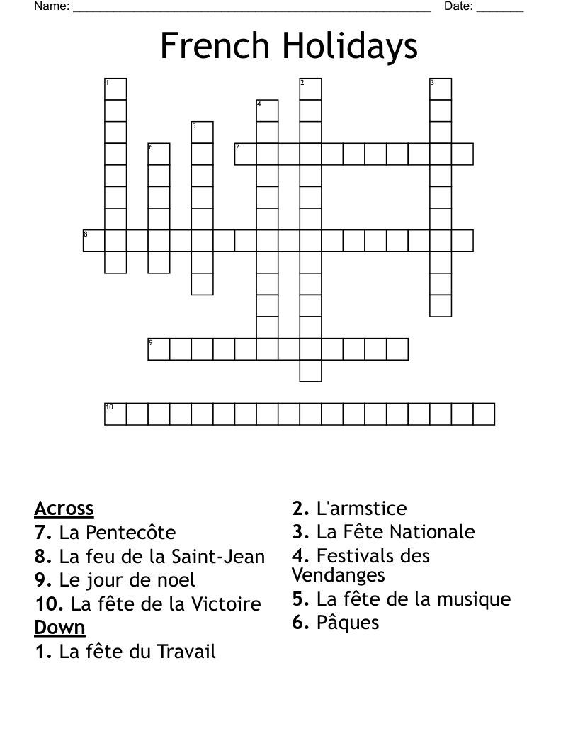 French Holidays Crossword