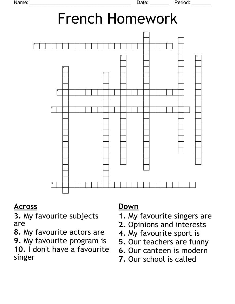 French Homework Crossword
