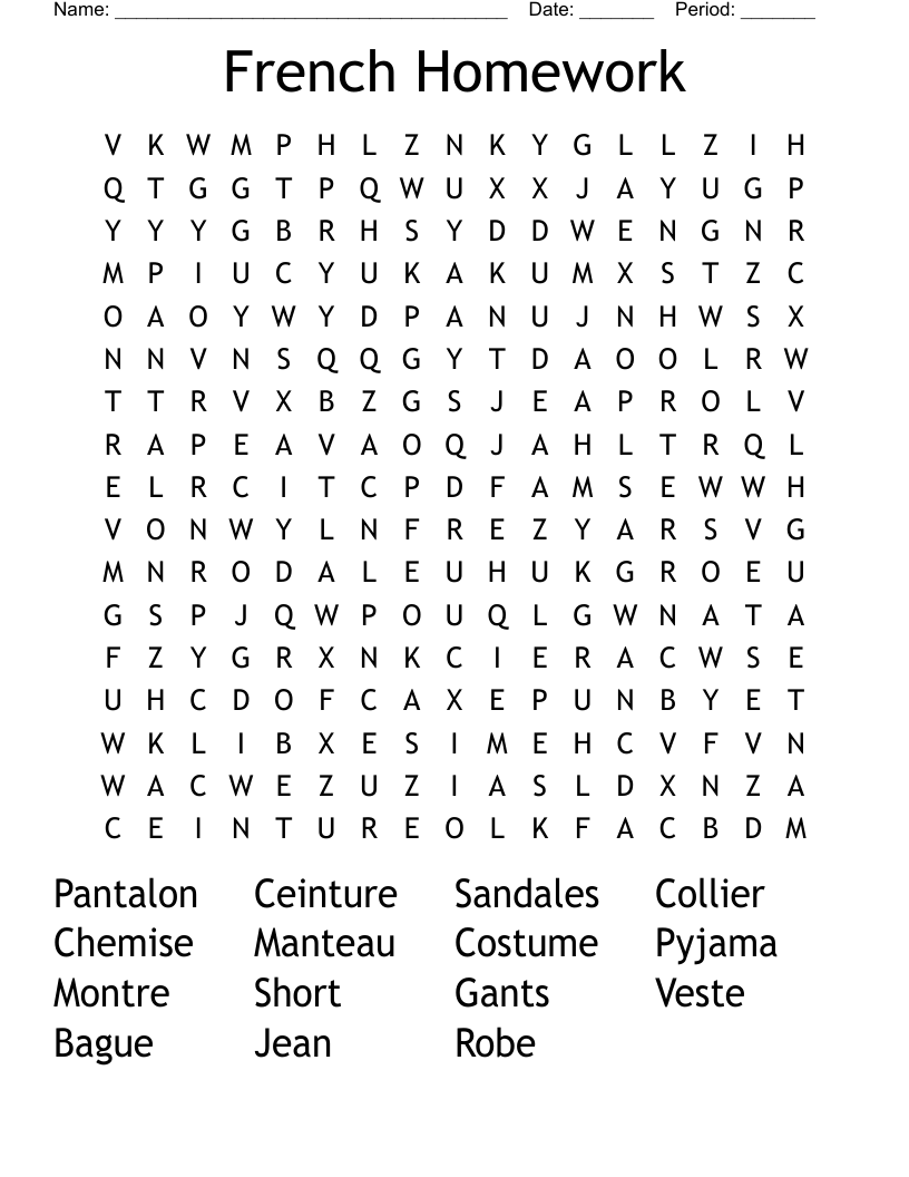 French Homework Word Search