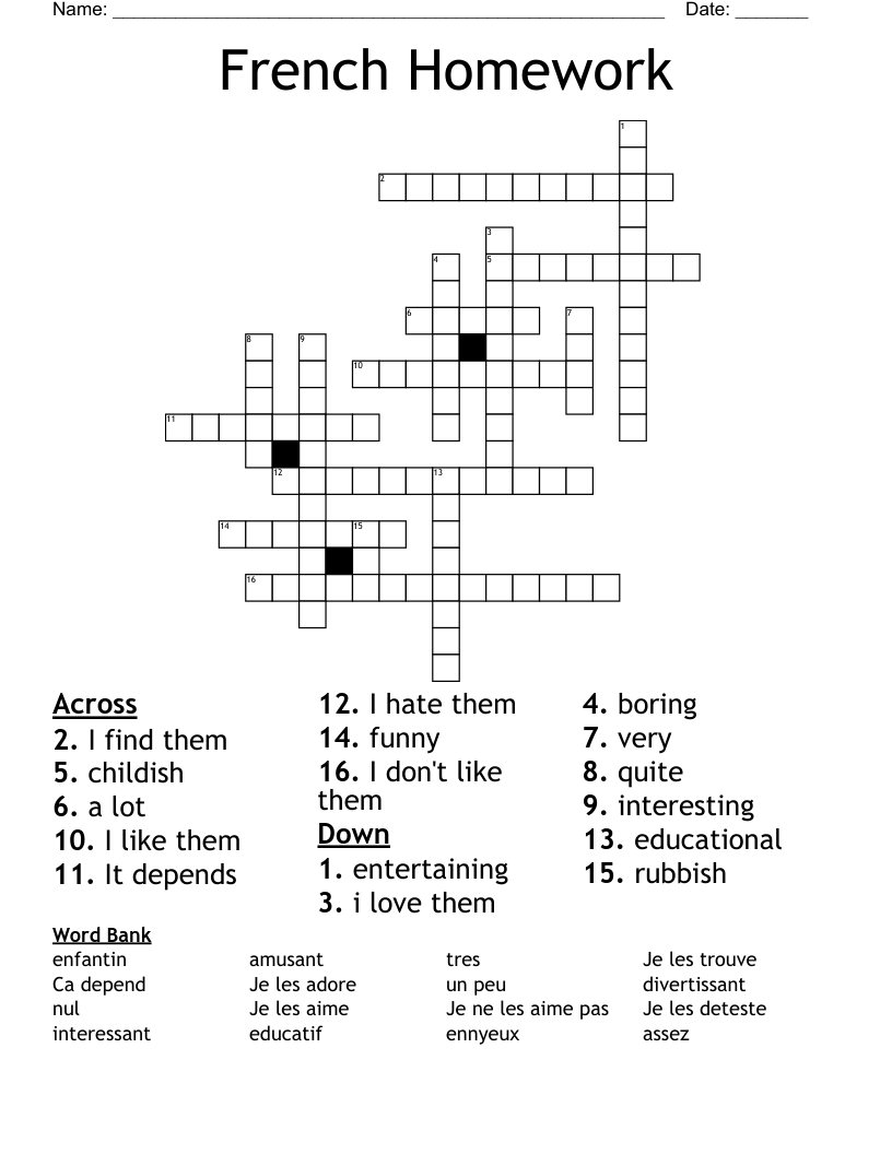 French Homework Crossword