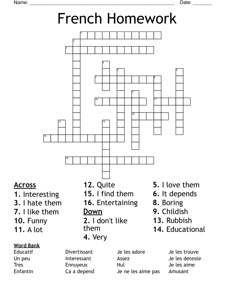 French Homework Crossword