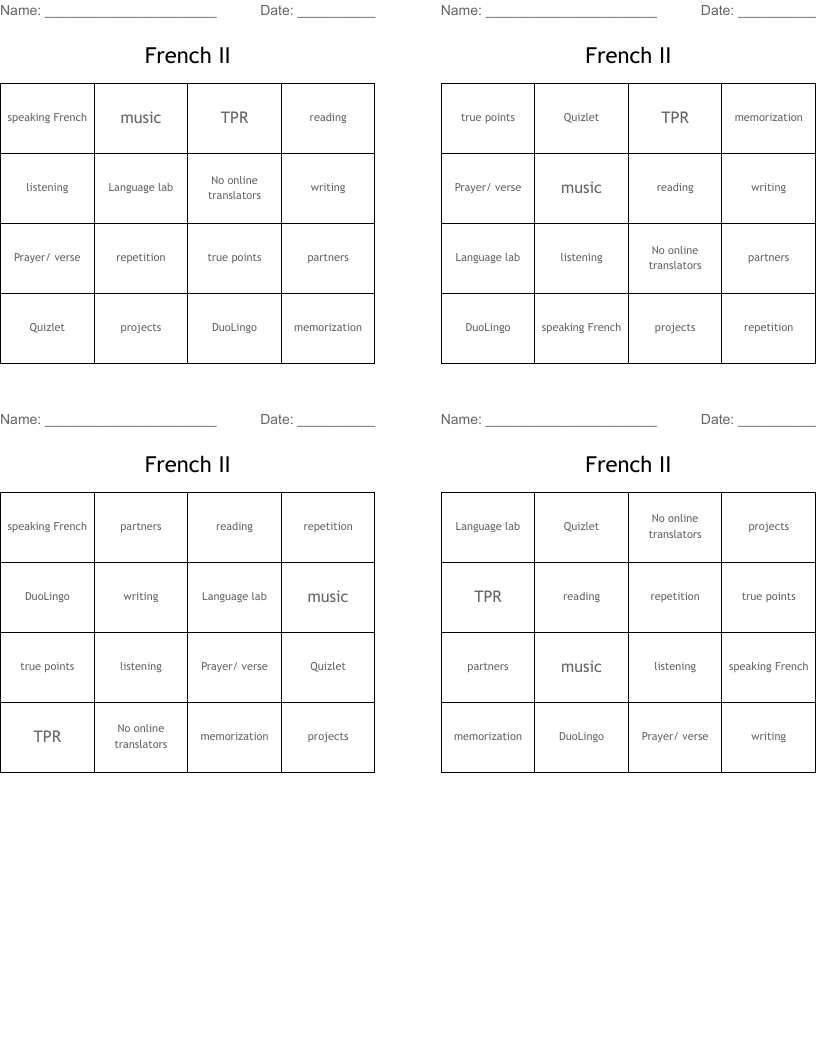 French II Bingo Cards