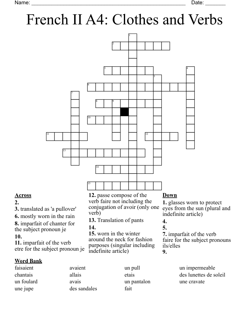 French II A4: Clothes and Verbs Crossword