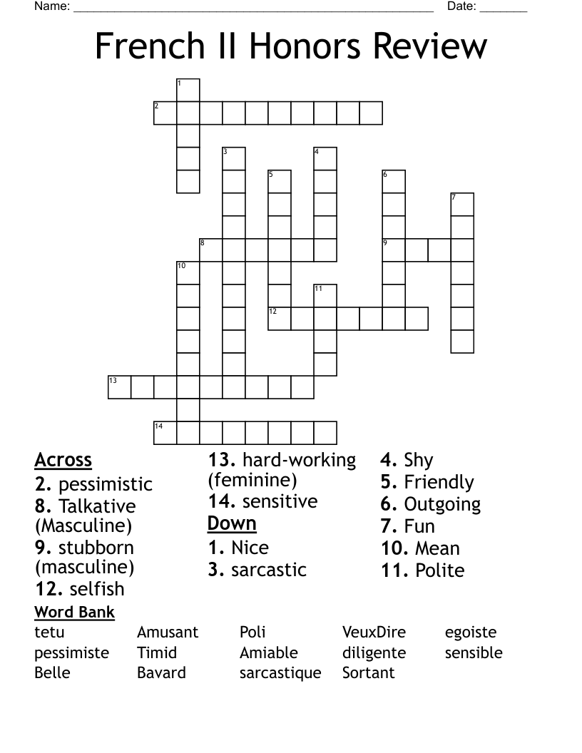 French II Honors Review Crossword