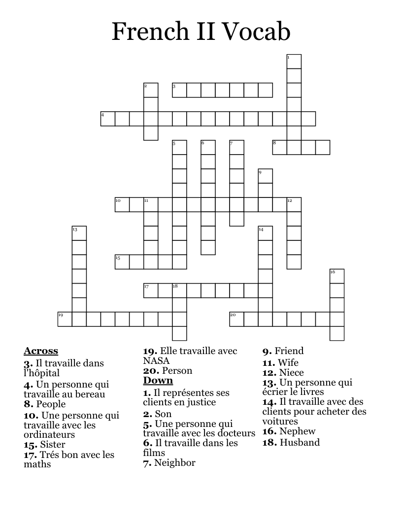 French II Vocab Crossword