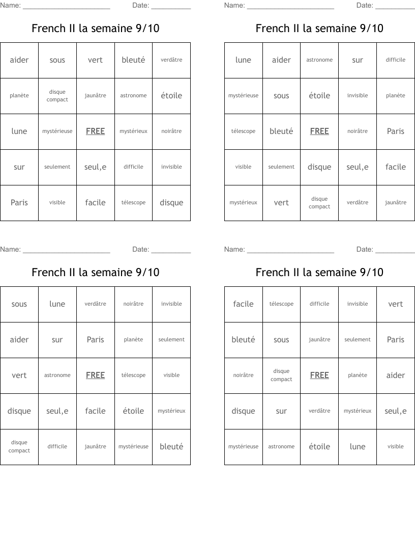 French II la semaine 9/10 Bingo Cards
