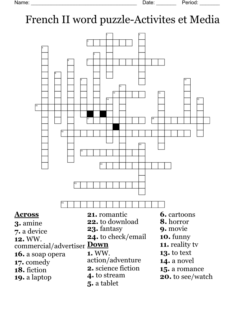 French II word puzzle-Activites et Media Crossword